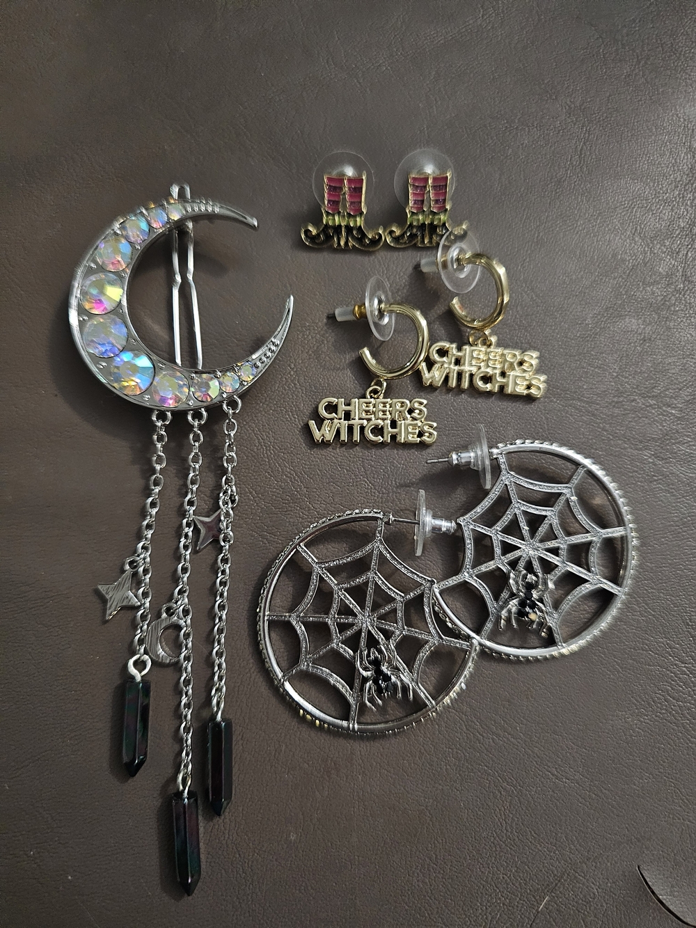 Silver Moon & Spiderweb Halloween Earring Set - Iridescent Moon Dangle